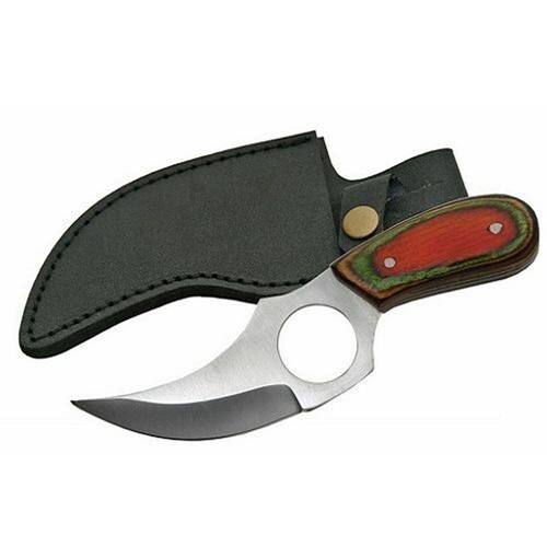 Multi Color Wood Handle Fixed Blade Knife 5" Overall with Leather Sheath