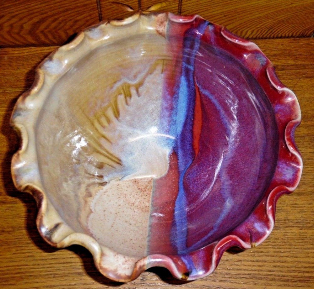Studio Art Pottery Bowl w/ Fluted Edge - Signed - 11 1/2"