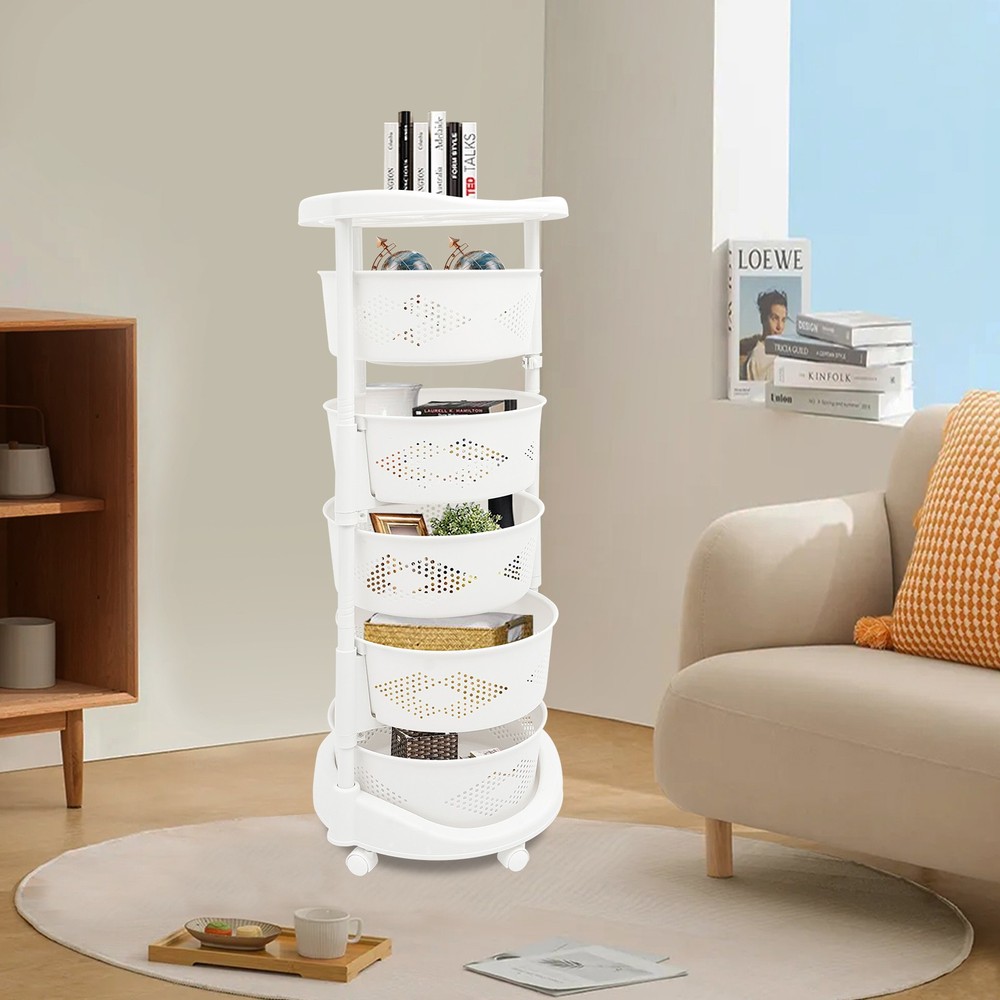 5-Tier Rotating Storage Shelf Kitchen Fruit Storage Basket Rack w/ Wheel