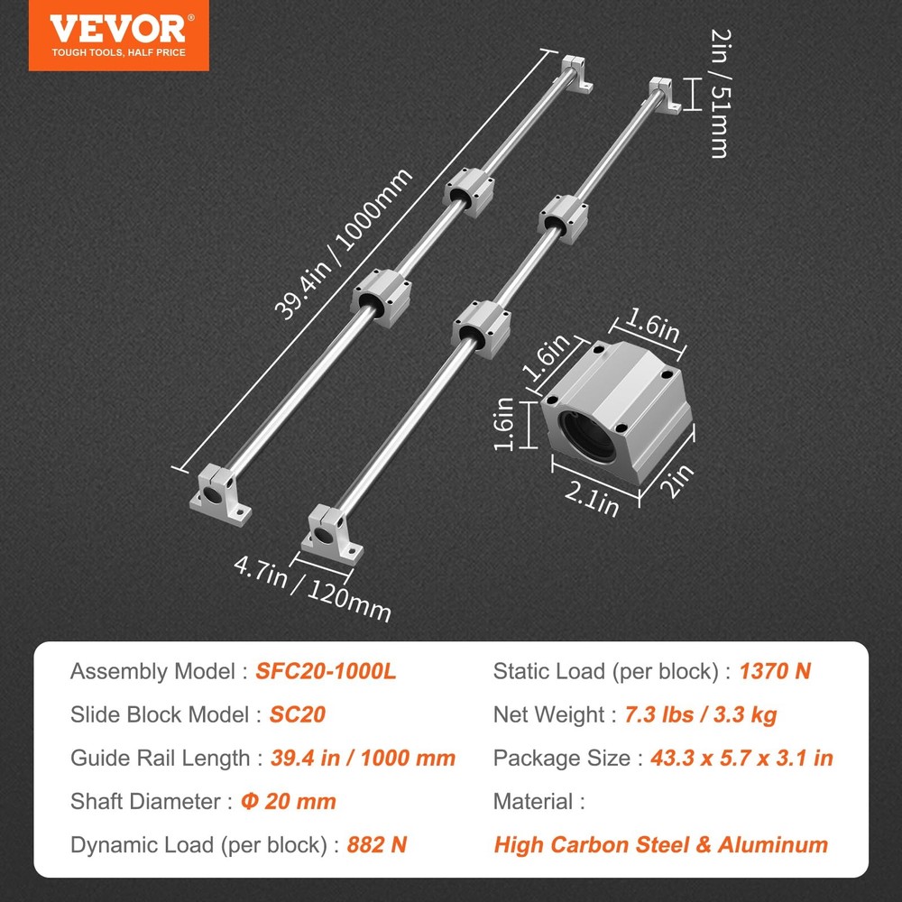 SFC20 1000mm Linear Guide Rail Set with Blocks and Supports for CNC 3D Printer