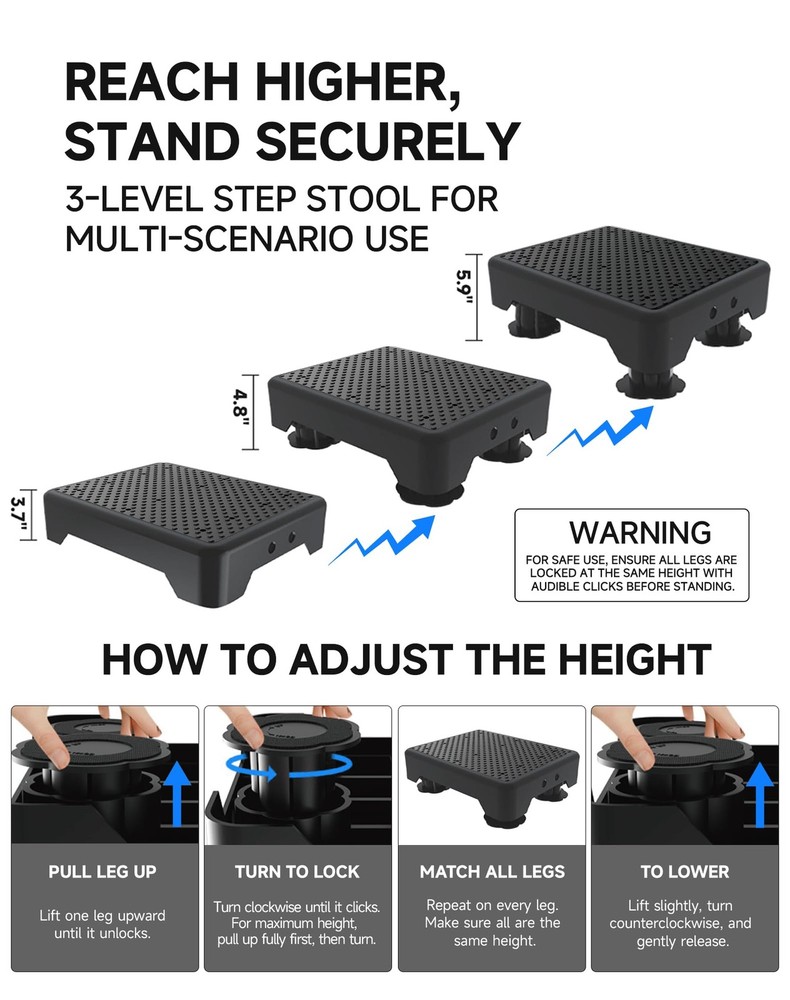 Adjustable Step Stool for Adults, Bed Step Stools, 600 LBS Capacity Safety Wi...
