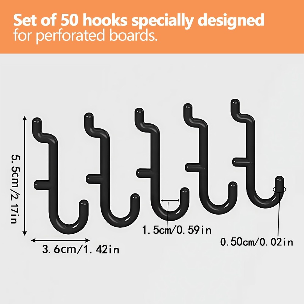 Pegboard Hooks Kit,1/4" Hole,50 Black Pegboard Hooks Assortment with J Hooks ...