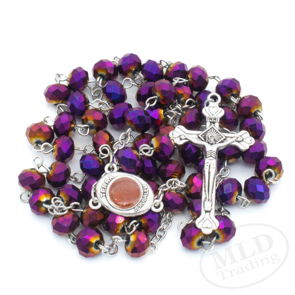 Deep Purple Crystal Beads Rosary Necklace Catholic Holy Center & Cross Crucifix
