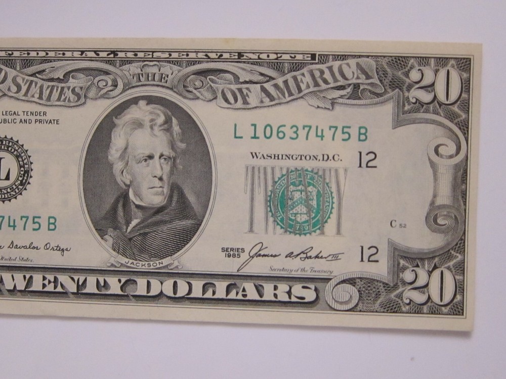 1985 $20 Printing Error on Back #L02465259G