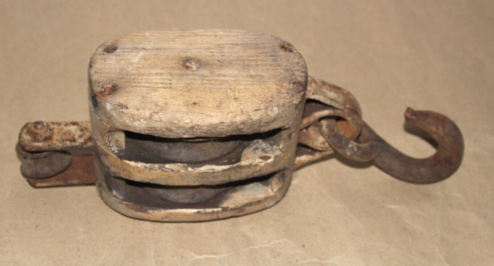 Rustic Vintage Wood and Iron Claw Pulley