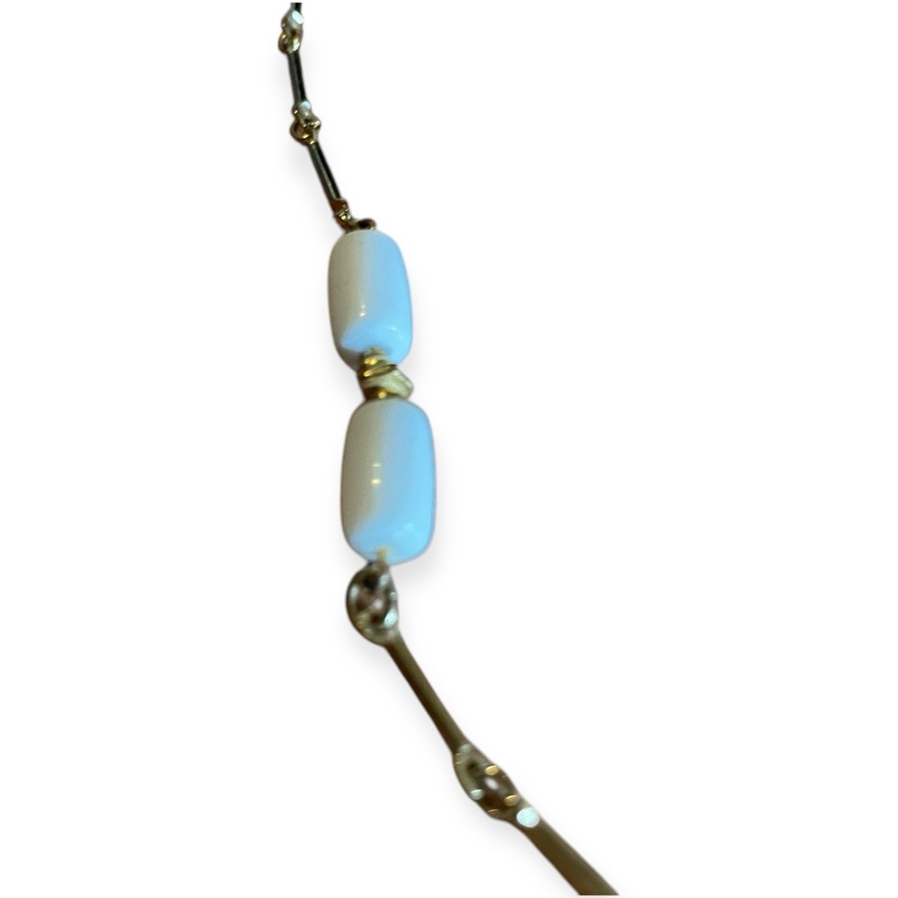Direction One 32” Silver Tone Necklace White Beads Modern Minimalist Boho Layer