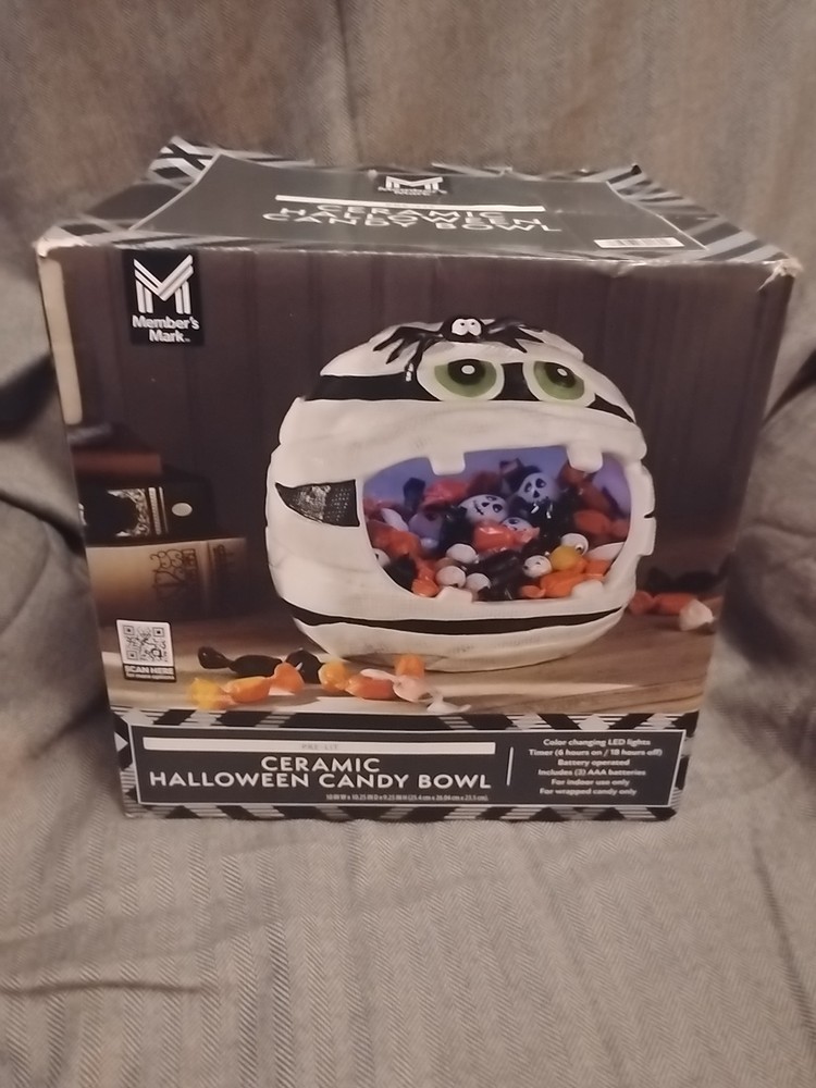 Members Mark Pre- Lit Ceramic Halloween Candy Bowl Mummy And Spider