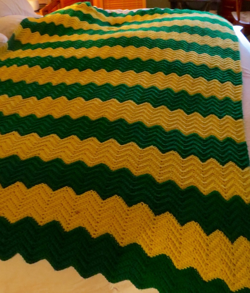 Green and Yellow Chevron Pattern Handmade Crocheted Afghan. Dimensions: 80 x 58.