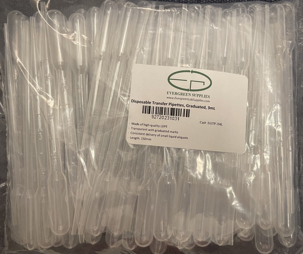 Disposable Pasteur Transfer Pipettes, Plastic, Graduated, 100pcs, 1mL
