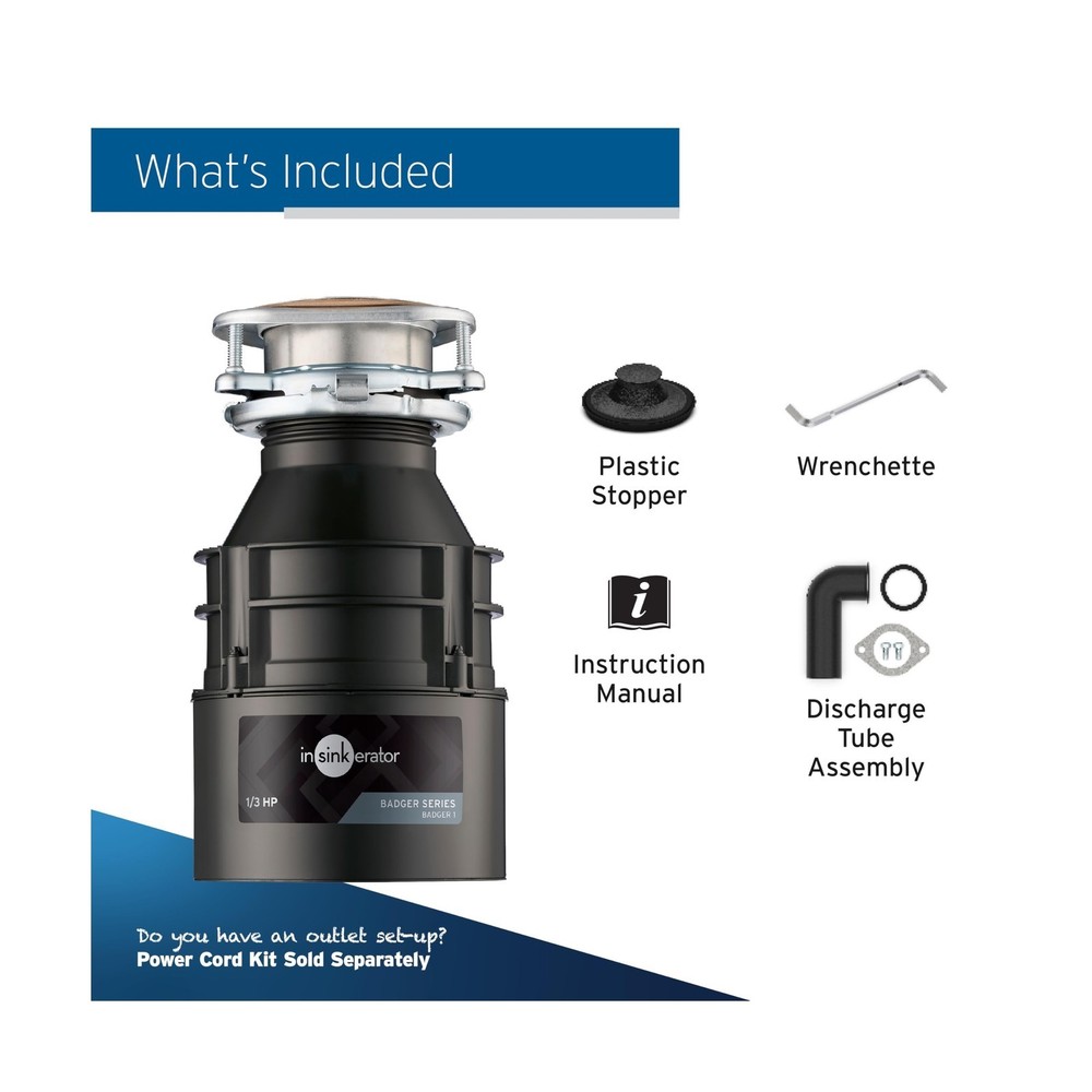 InSinkErator Garbage Disposal, Badger 1, Standard Series, 1/3 HP Continuous F...