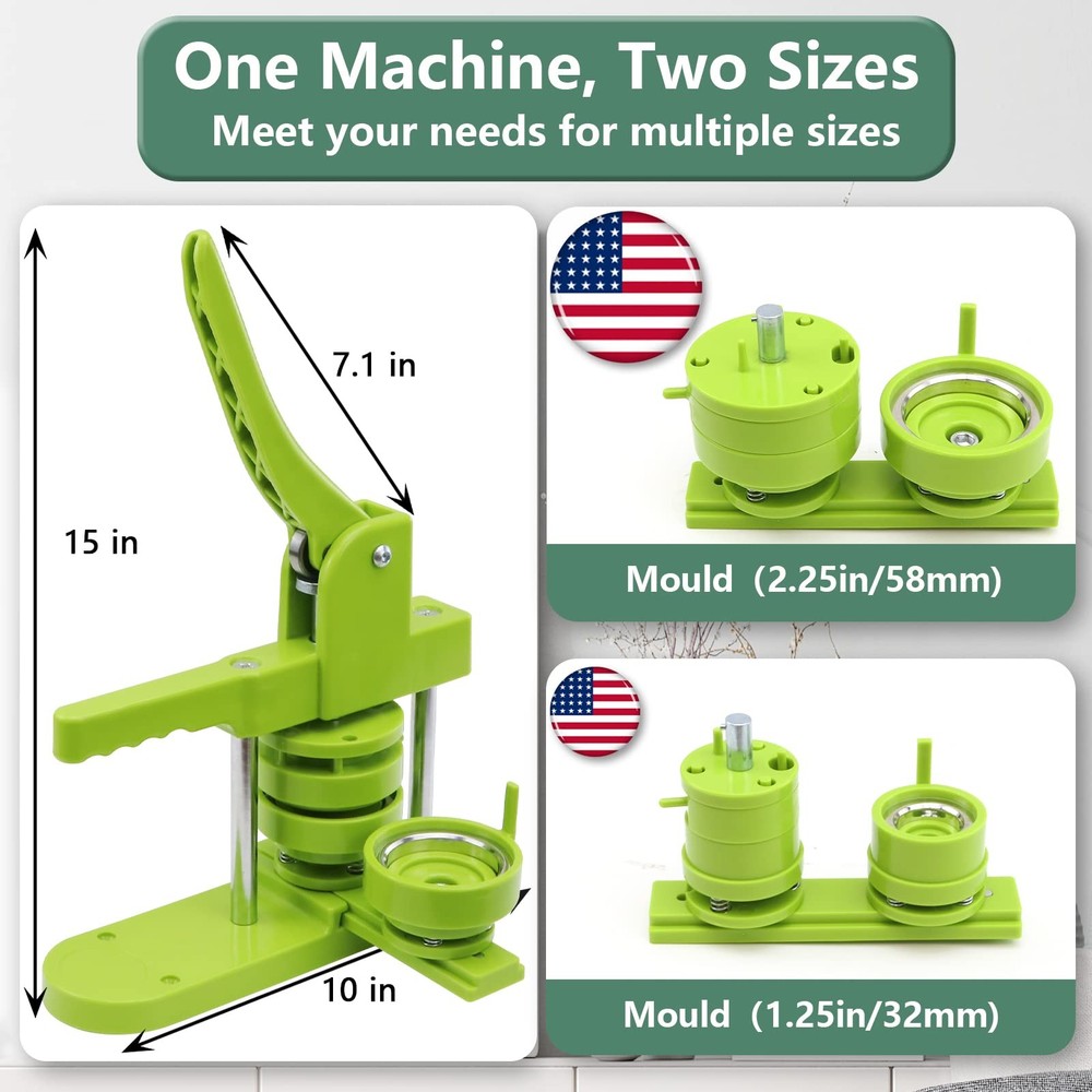 Happizza Button Maker Machine Green 1.25+2.25 inch (200 Sets),