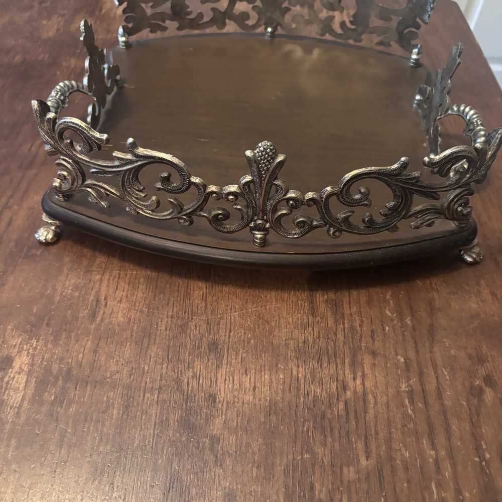 Wooden Handled Serving or Display Tray With Pewter Scrollwork Sides and Handles