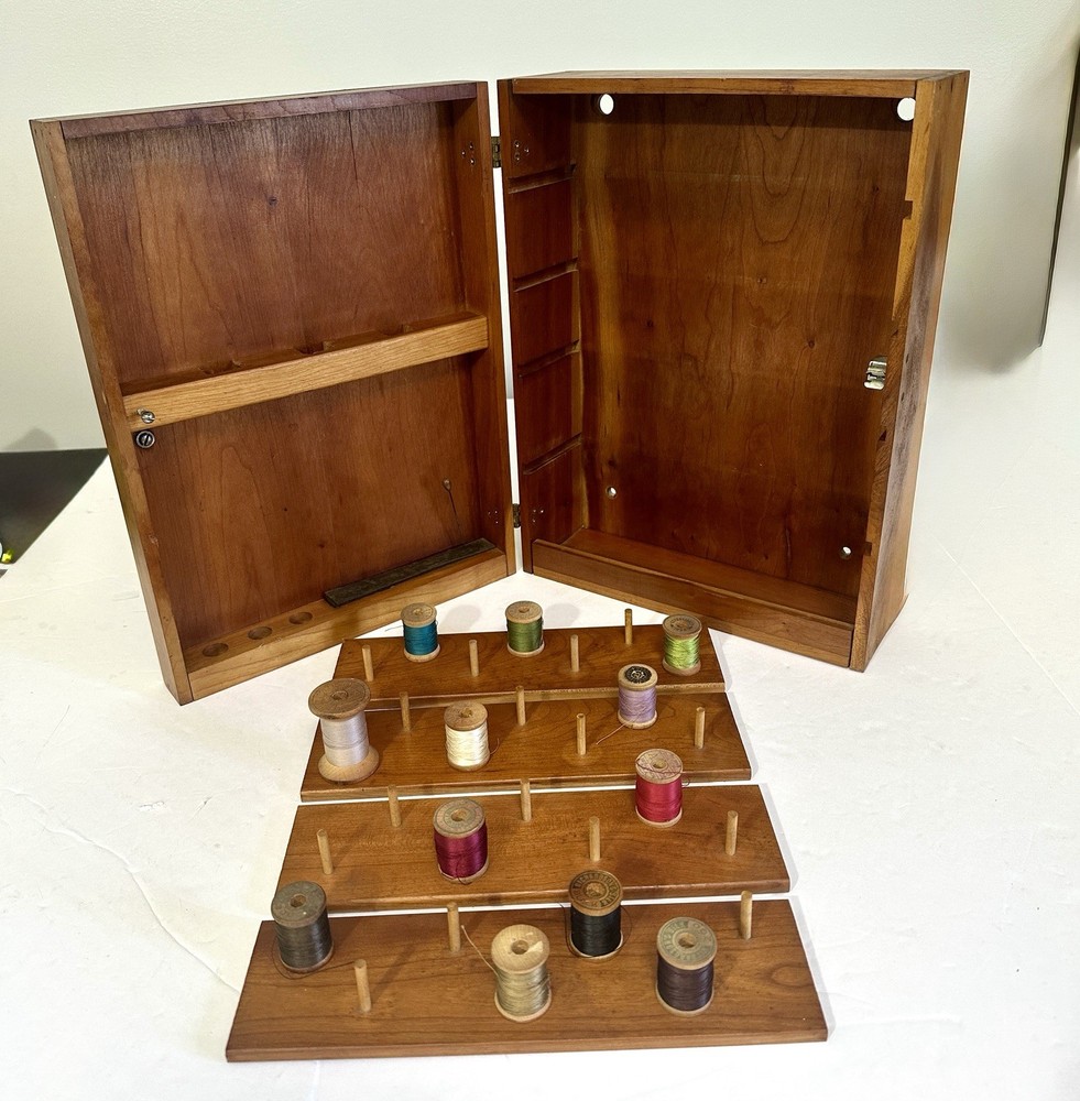 Vintage Handmade Folk Art Thread Storage Box With 12 Vintage Silk Thread Spools