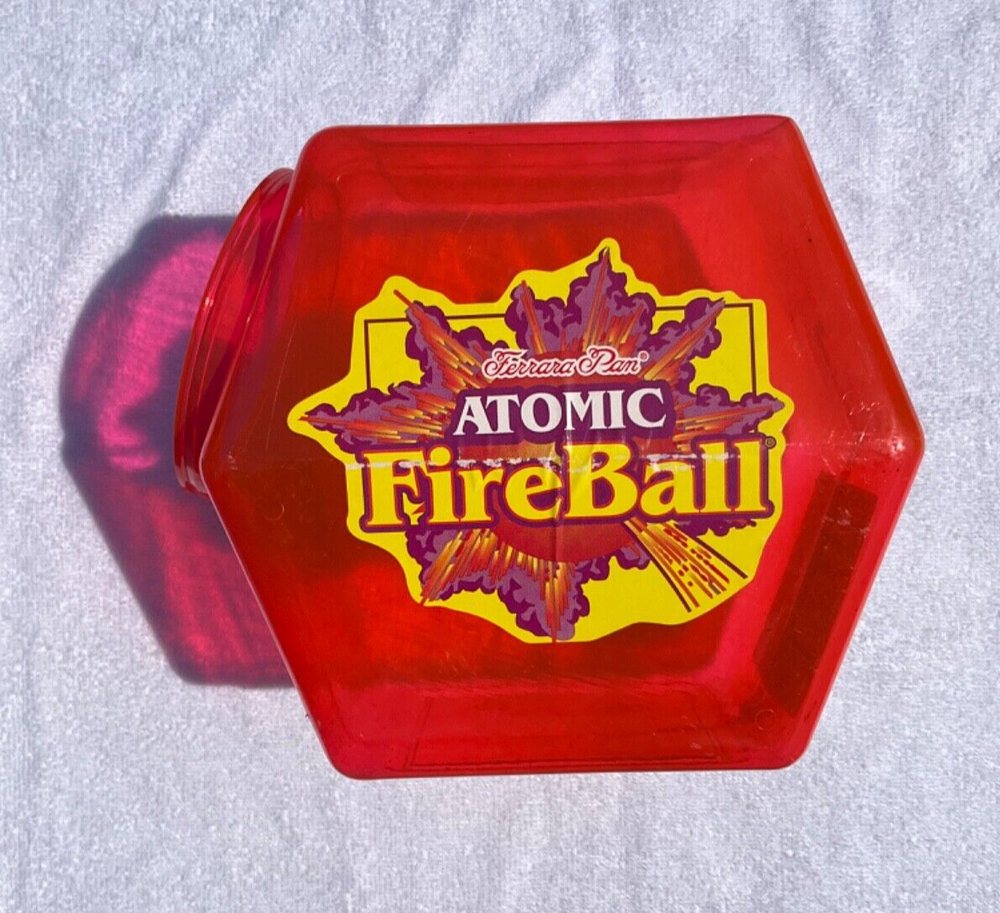 Vintage Ferrara Pan Atomic Fire Ball Candy Jar, Red Plastic Container, Canister