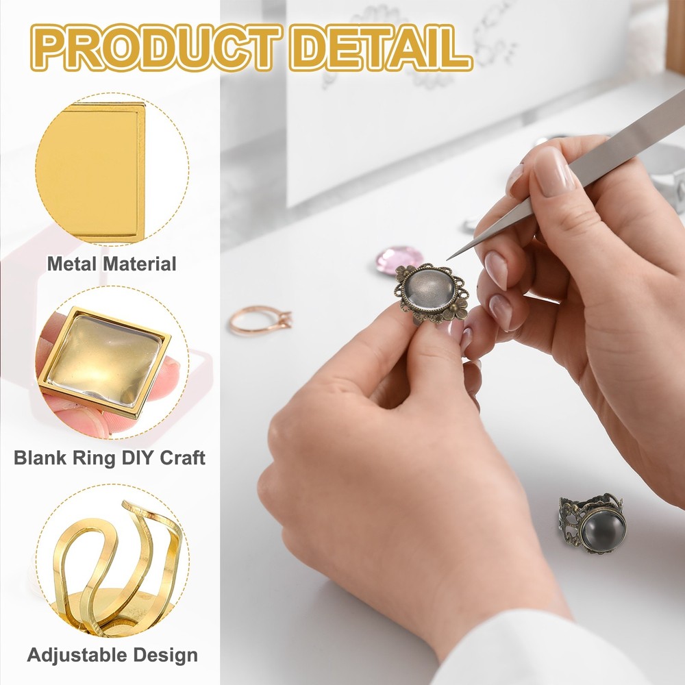 8Pcs Metal Ring Base Blank, 25mm Ring Blank Base with 8Pcs Cabochon(Silver)