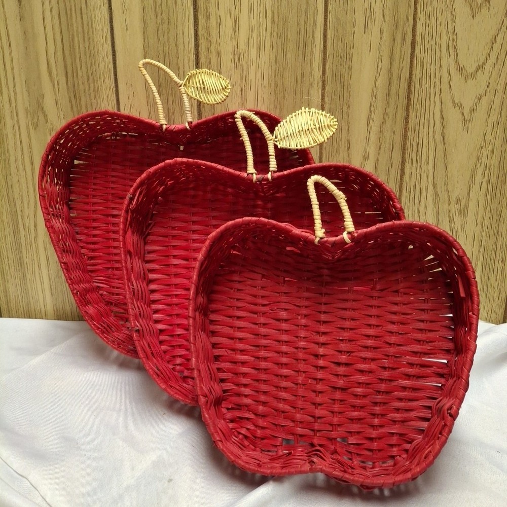Set of 3 red apple shaped nesting woven baskets Small Medium Large