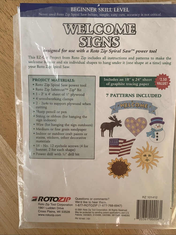 Rotozip EZ-Cut WELCOME SIGNS Project Pattern 7 Patterns and Tracing Paper