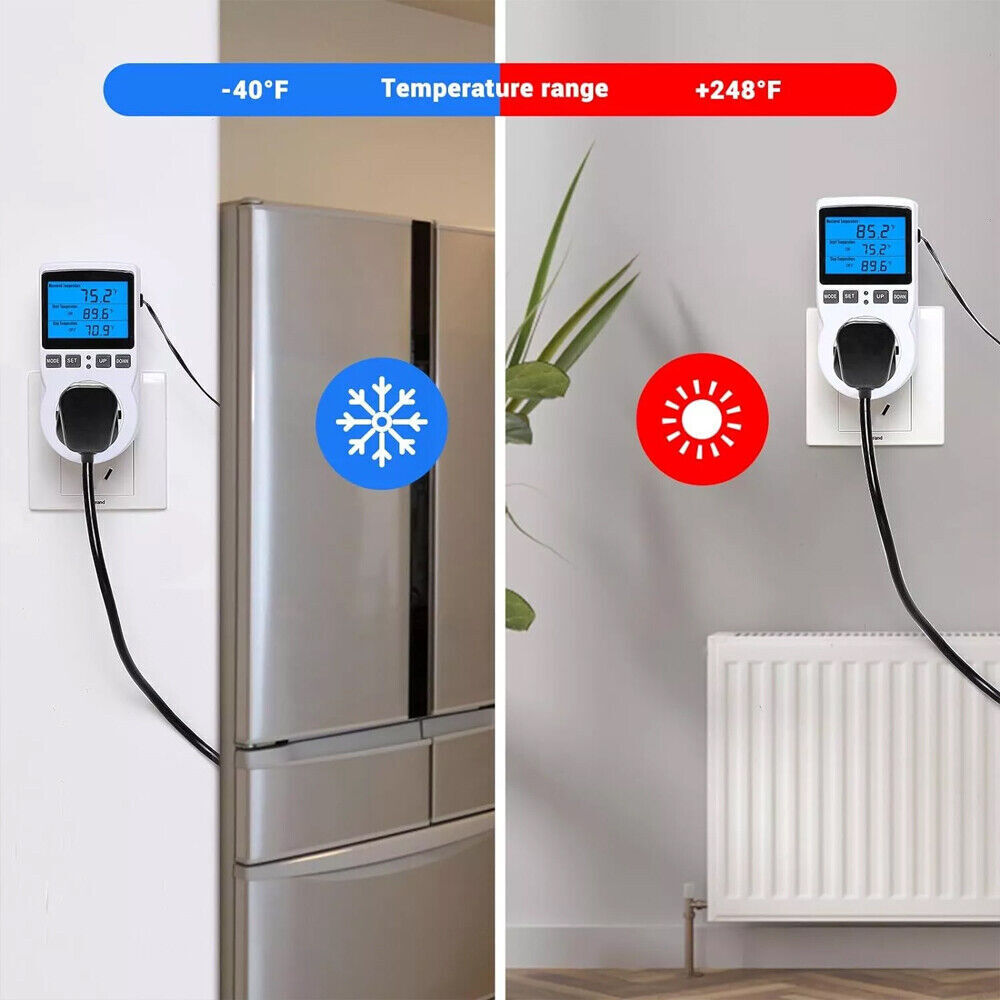 Digital Thermostat Outlet Plug Temperature Controller Heating Cooling w/ ProbzIK