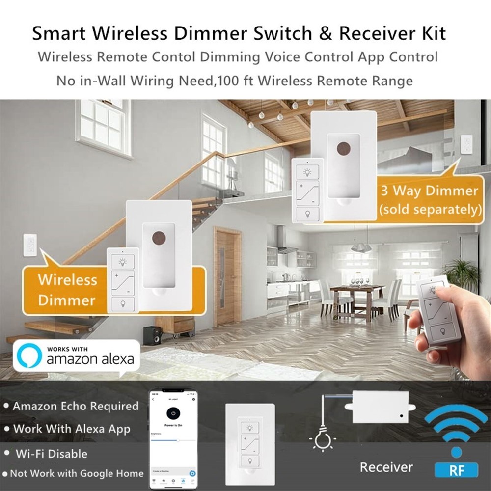 Smart Wireless Dimmer Switch & Receiver Ki No wiring Remote Control Work Alexa