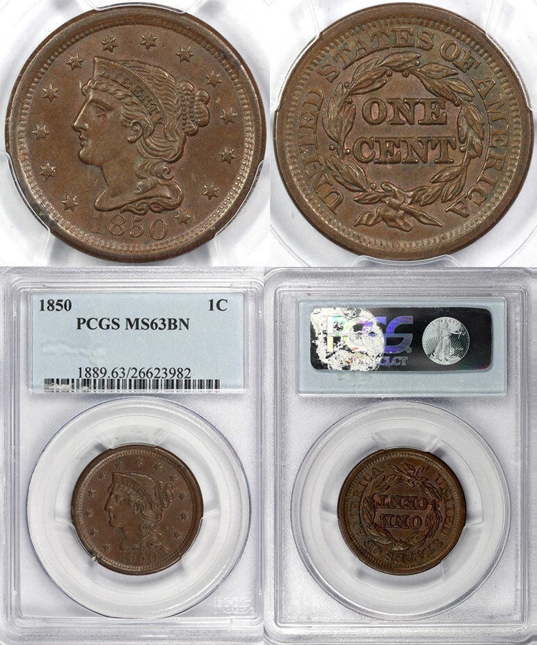 1850 1c Braided Hair Large Cent PCGS MS 63 BN