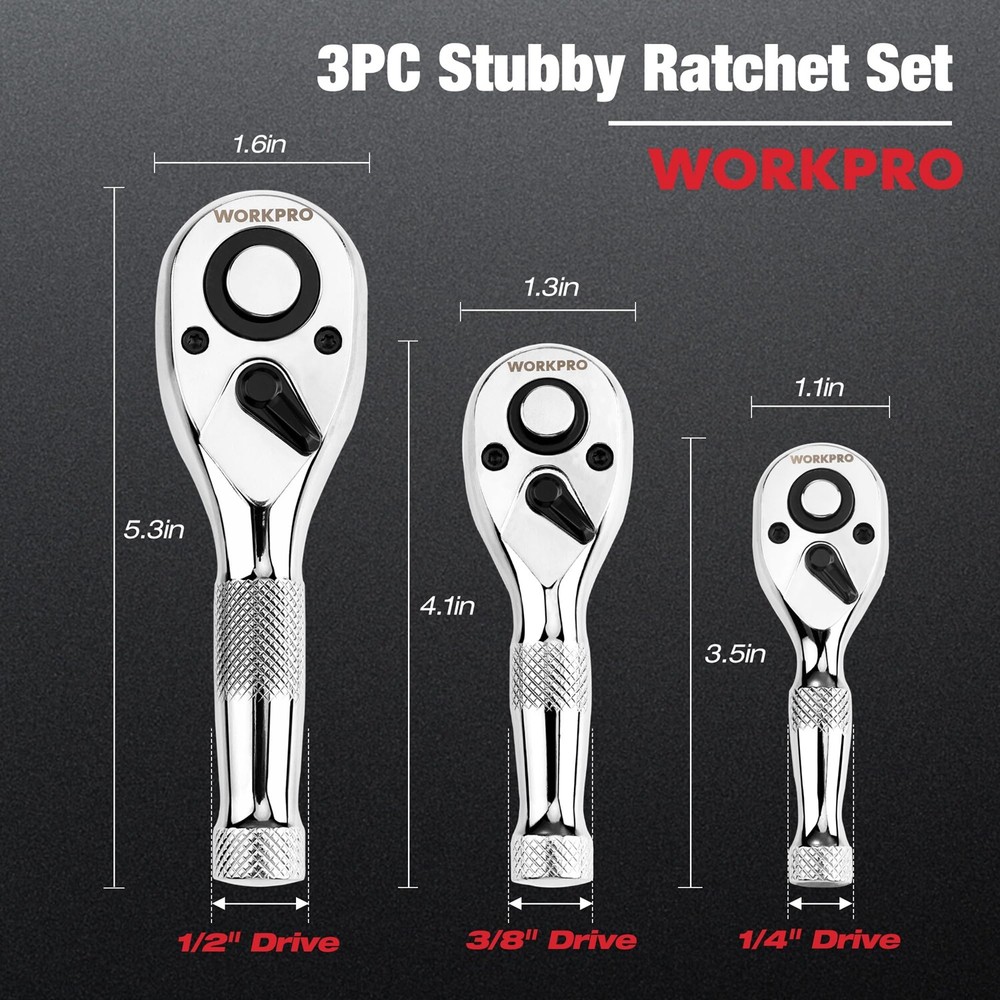 WORKPRO 3PC Stubby Ratchet Set Quick Release 1/4" 3/8" 1/2" Drive Ratchet Handle