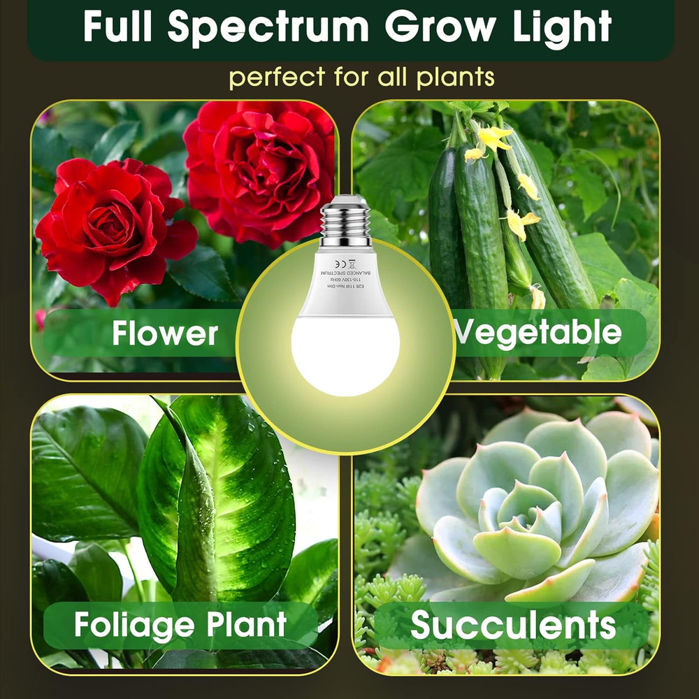 LED Grow Light Bulb A19 - Full Spectrum E26 Base, 11W (100W Equivalent) for Indo