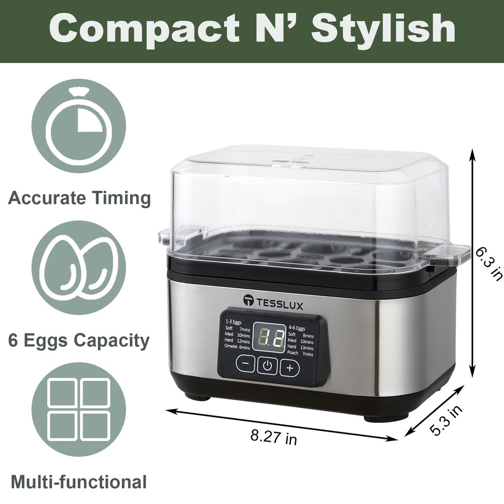 Electric Rapid Egg Cooker, 6 Egg Capacity for Hard Boiled Eggs, Poached Eggs,...