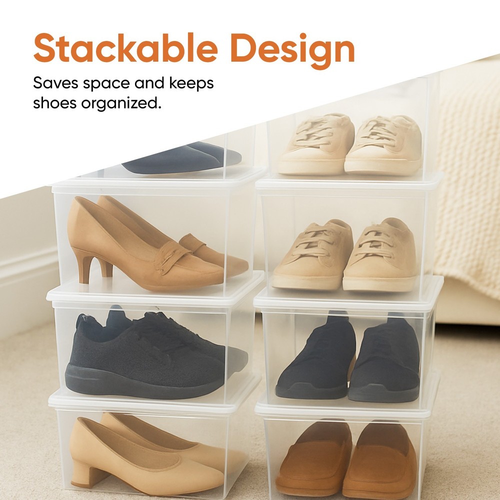 Superio Shoe Box Storage Container - 6.5 Quart Clear Plastic Stackable, 6 Pack