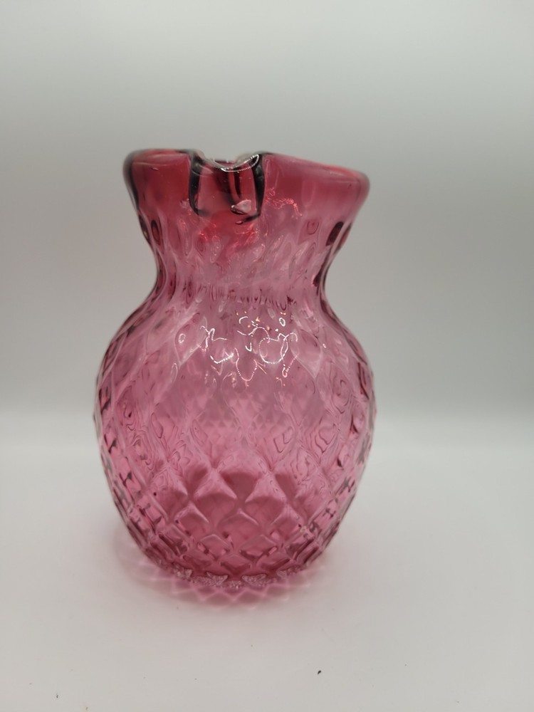 Cranberry Art Glass Pitcher Diamond Pattern With Applied Clear Handle