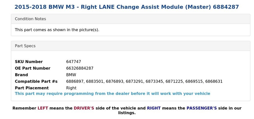 2015-2018 BMW M3 - Right LANE Change Assist Module (Master) 6884287