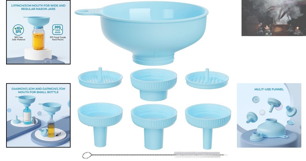 Heat-Resistant Kitchen Funnel with 5 Interchangeable Spouts & Strainers – Blue