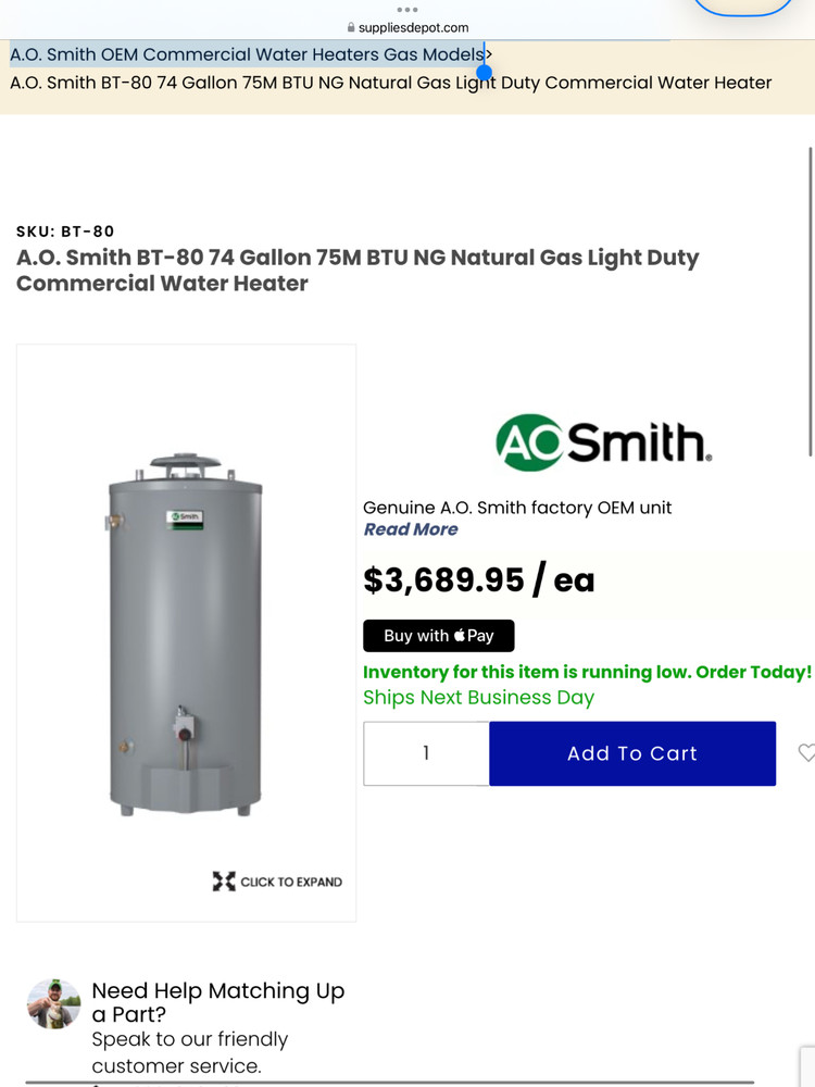 Gas Water Heater 74 GAL Light Commercial