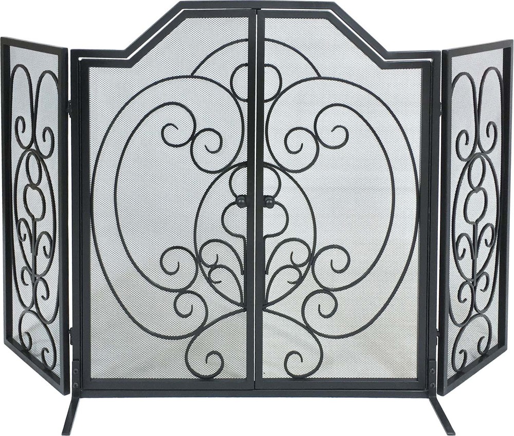 Dagan 3 Fold Scroll Design Black Wrought Iron Screen w/ Doors, 55in.x32in.