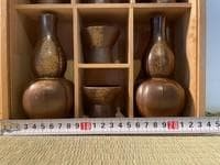 Bizen ware sake set, 2 sake bottles, 5 choko cups, same box
