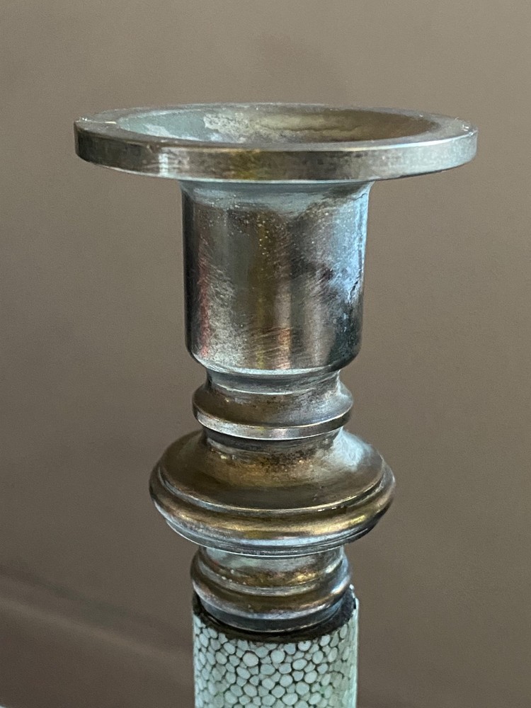 Pair of Shagreen and Silverplate Candlestick Candle Sticks