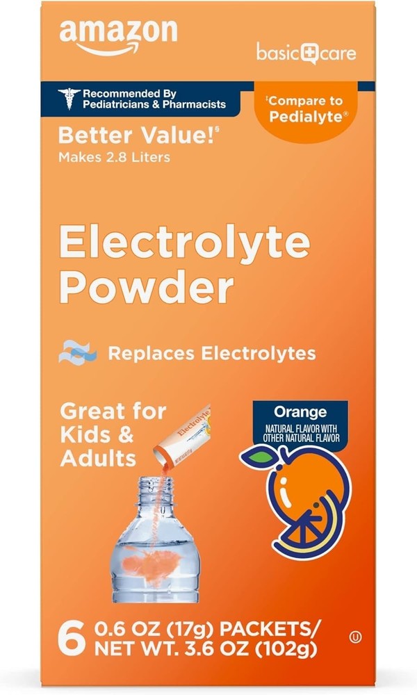 Amazon Basic Care Electrolyte Powder Orange 6 ct Compare to Pedialyte