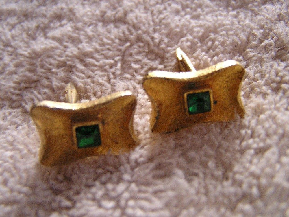 Vintage Cufflinks with Green Stone Marked "S"
