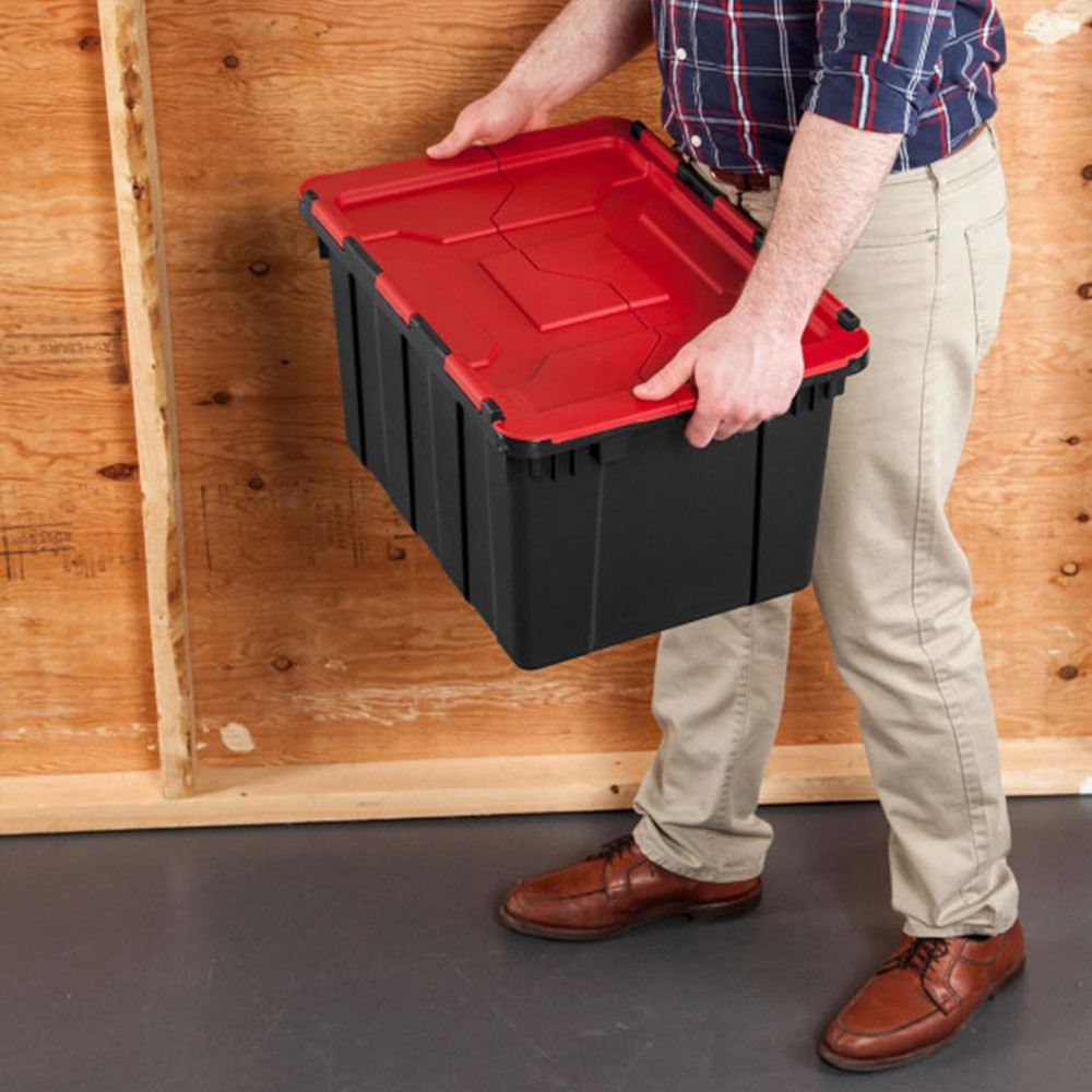 6 Pack Stackable 12 Gal Totes with Hinged Lids - Black/Red Storage Bins
