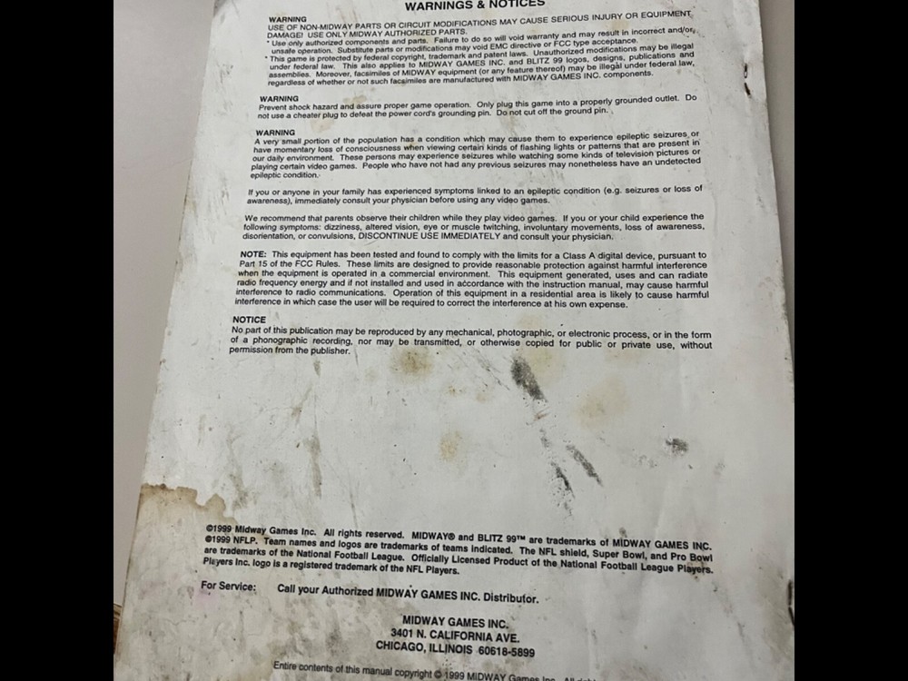 Blitz 99 Arcade Game Manual