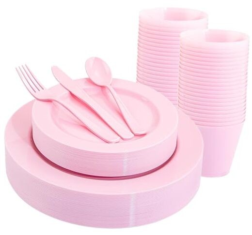 150 Pieces Pink Plastic Plates Disposable - Pink Dinnerware Set Solid Pink