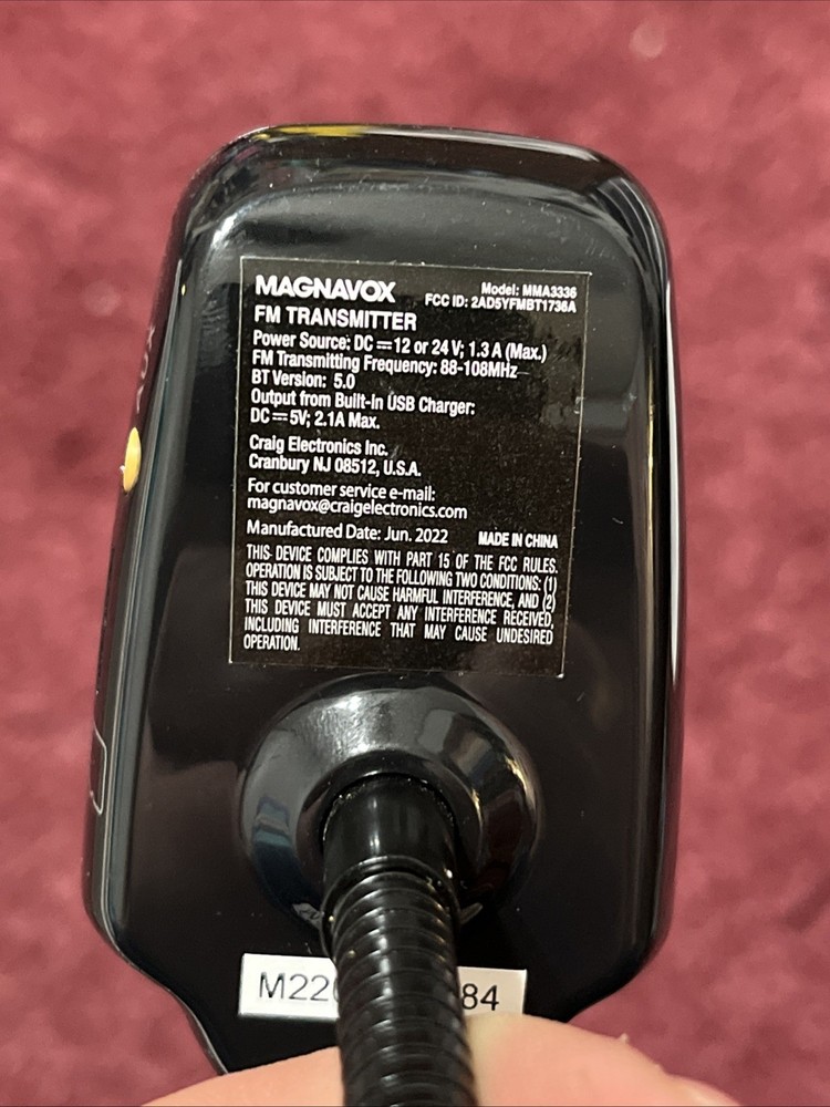 Magnavox FM Transmitter with Bluetooth Streaming, Talking, and Charging Features
