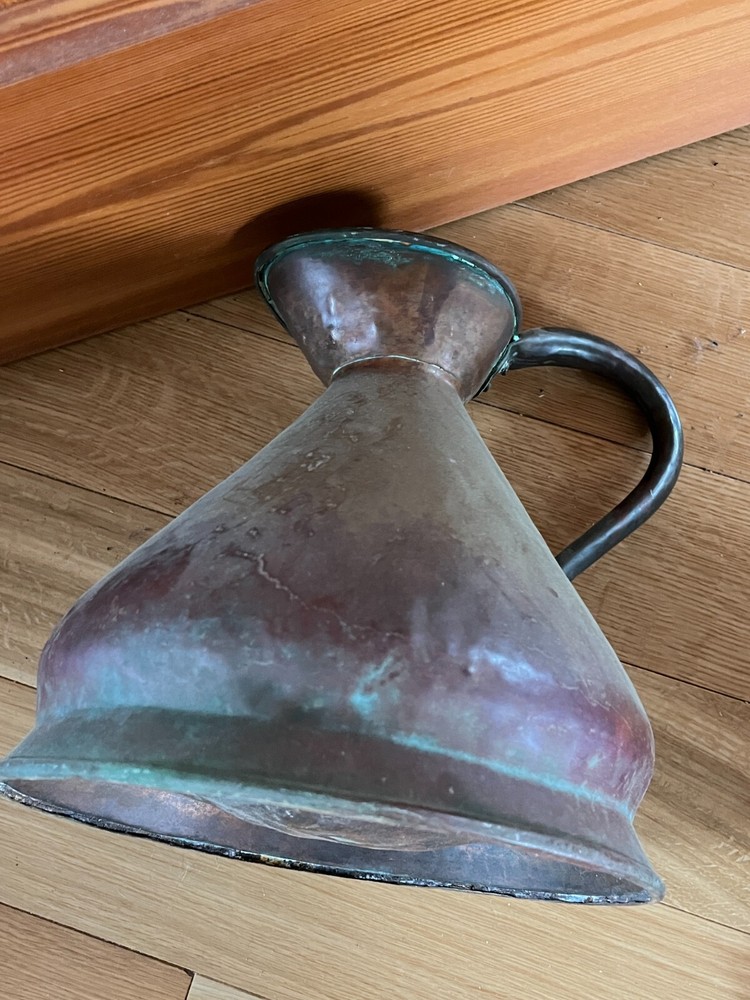 Antique Large Solid Copper Metal Primitive Pitcher w Numbers indicating size –