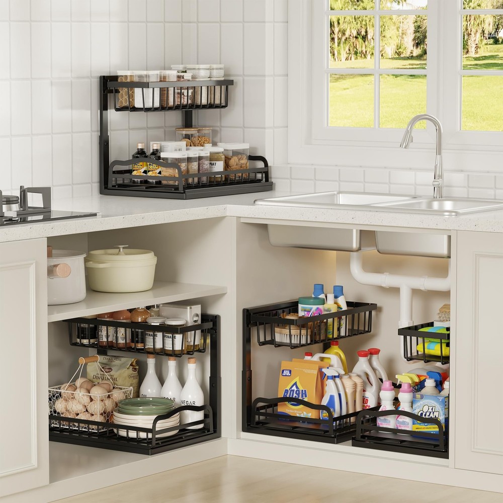 AceMining Under Sink Organizer 2 Pack, L-Shaped 2 Tier Pull Out Cabinet Organ...