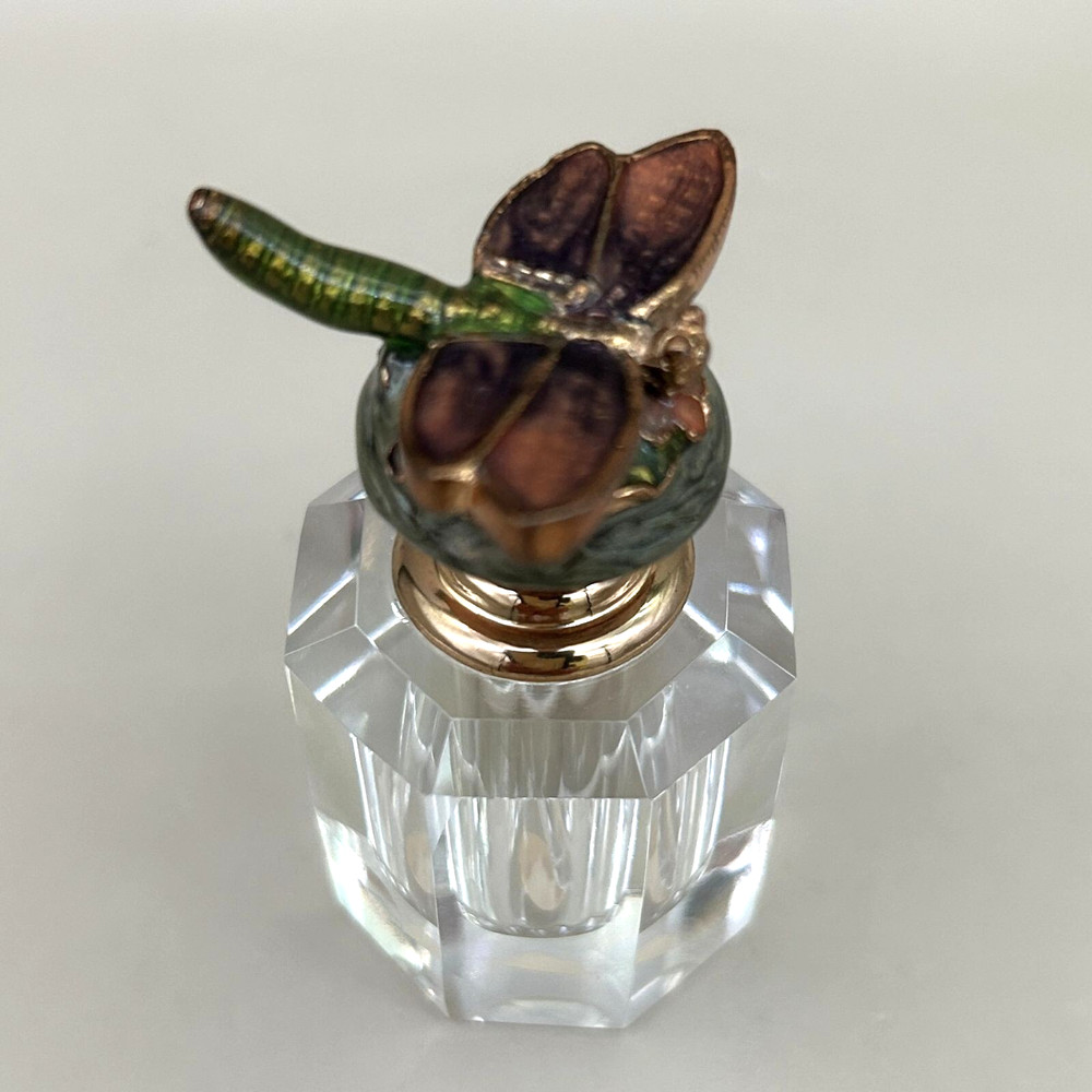 Crystal Perfume Bottle With Enamel Dragonfly Stopper Empty