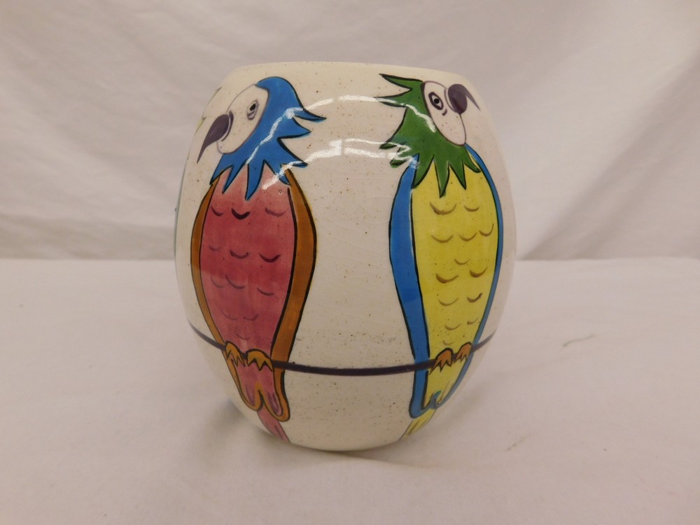 SRT POTTERY VASE PARROTS CUTE MULTI-COLOR HAND PAINTED GLAZED