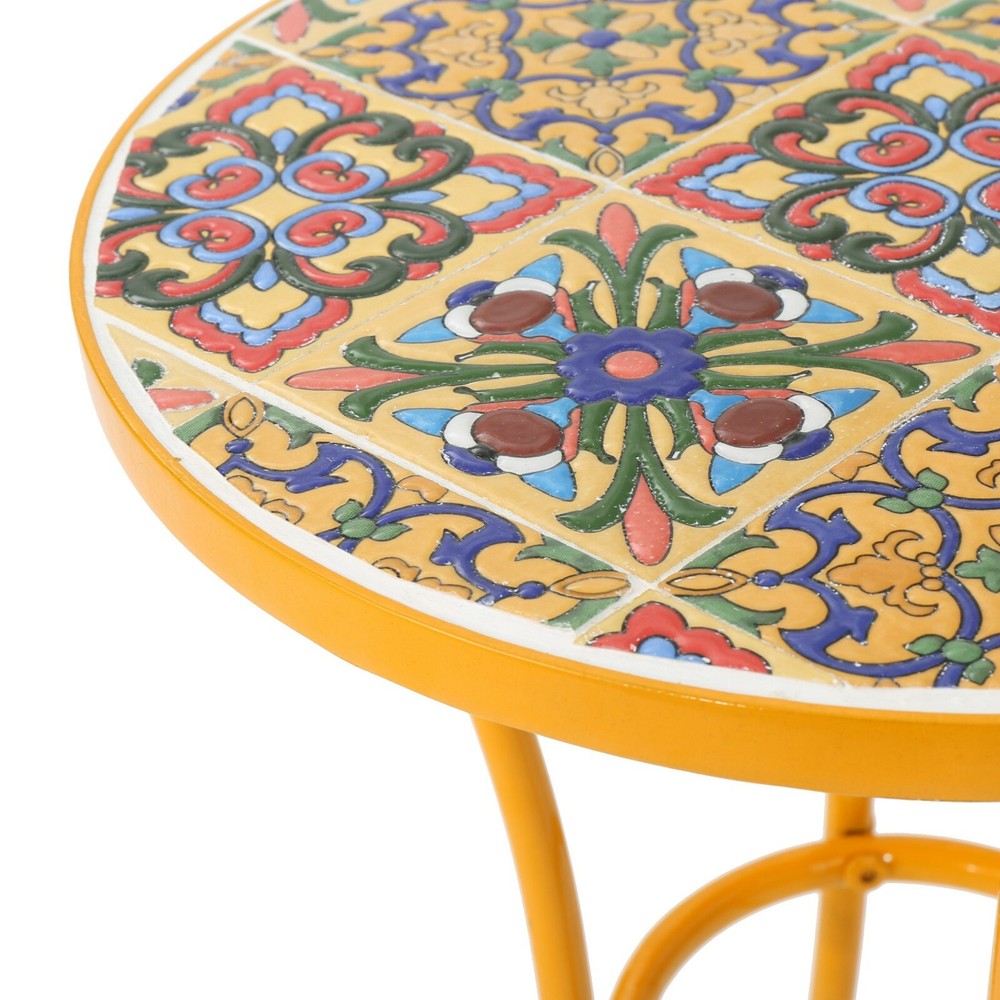 Brienne Outdoor Yellow Ceramic Tile Side Table with Iron Frame