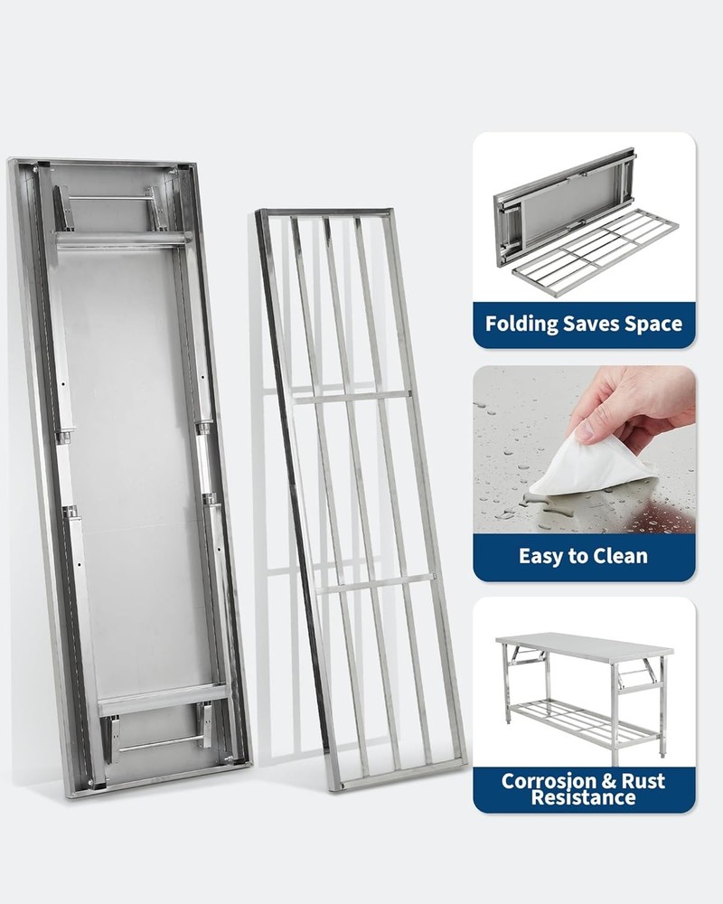Stainless Steel Folding Table with Undershelf for Restaurant,Catering & Home Use