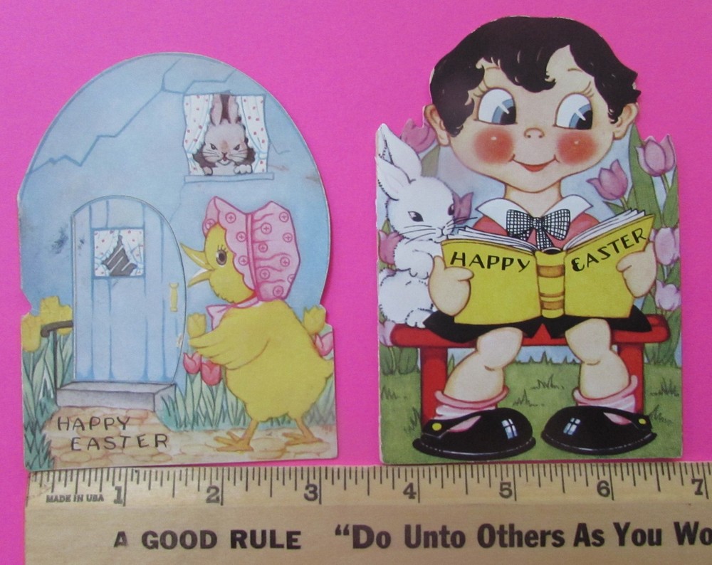 (2) 1930's VINTAGE EASTER CARDS, DOORS OPEN TO PEEK INSIDE & BOTH SO CUTE!   EA2