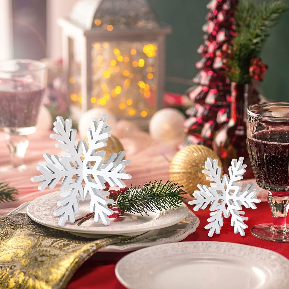 Bucherry 12 Pcs Wooden Snowflake Table Decor 3D Tabletop White