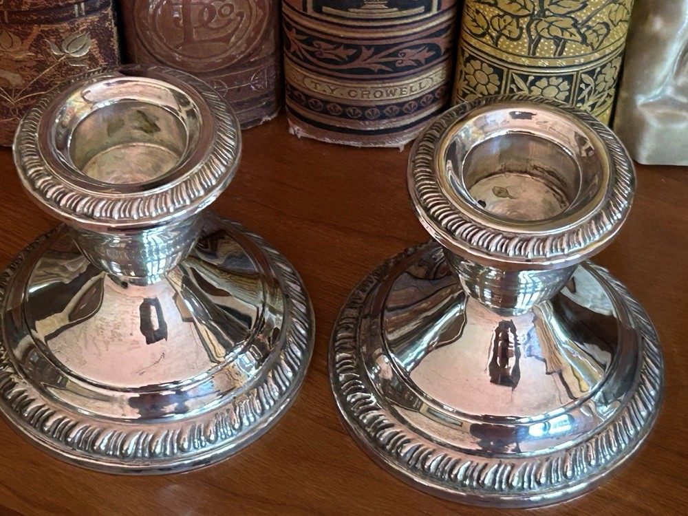 Crown Sterling Silver Weighted 2.25" Pair Candlesticks Gadroon Rims & Base EUC